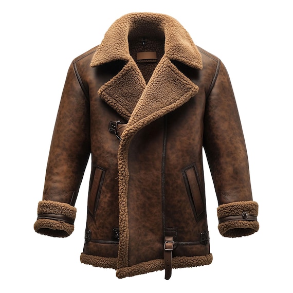 Shearling Brown Leather Coat Genuine Sheepskin Fur Leather B3