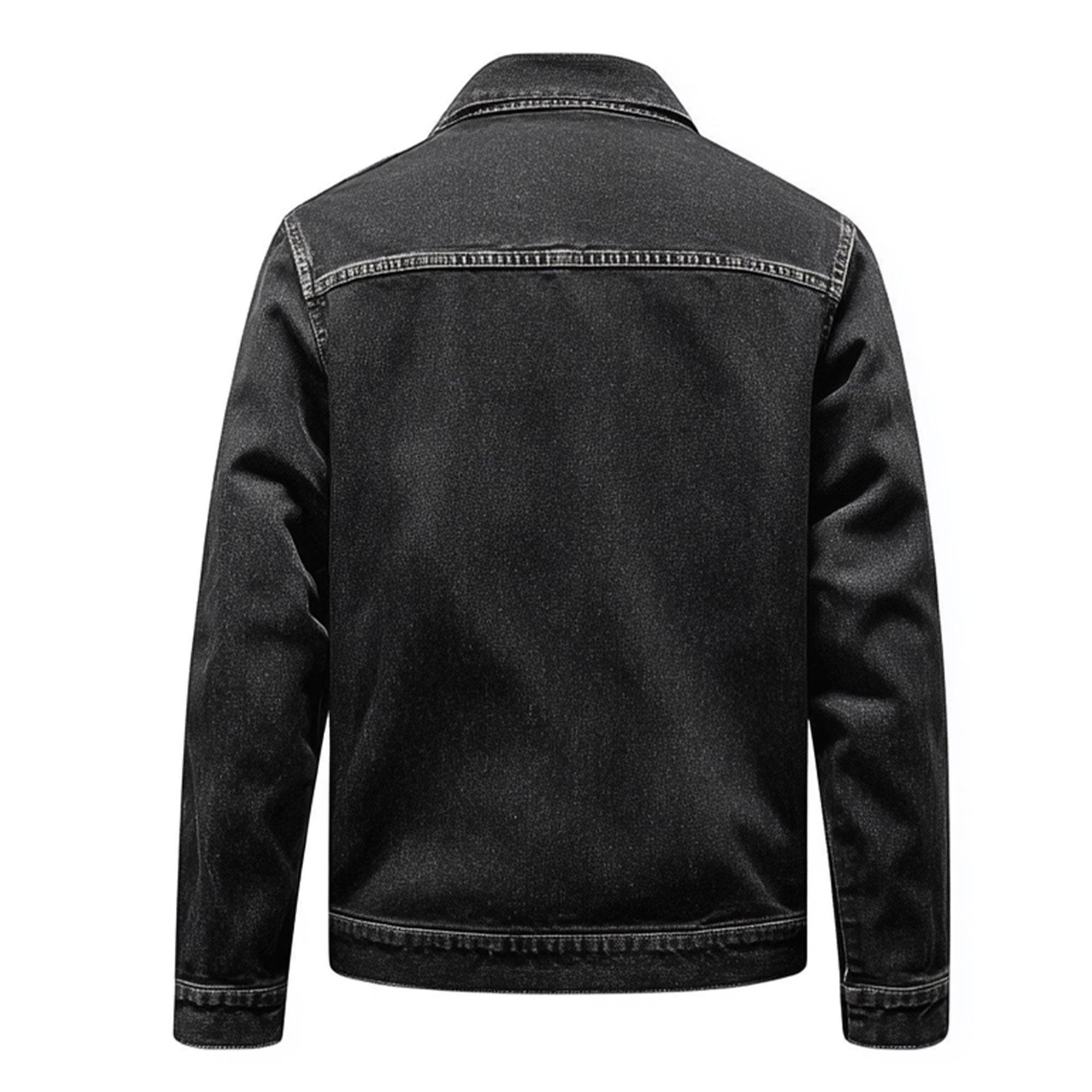 Men's Black Distressed Denim Layered Jacket with White Hood