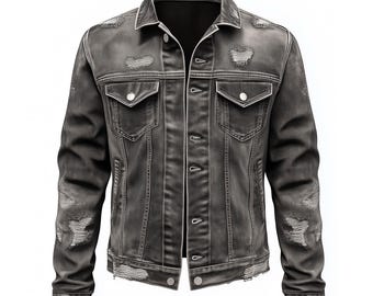 Mens Denim Jacket Comfortable Durable Flaps Slanted Front Pockets Lepal Grey Jeans Trucker Jackets For Men