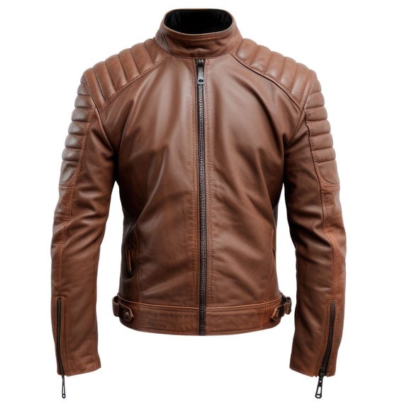 Mens Slim Fit Brown Puffer Cafe Racer Zipper Pocket Moto Biker