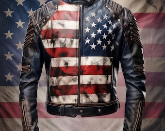 Mens Distressed Inspired by American Flag USA Casual Motorcycle Zipper Coat With USA Flag Genuine Leather Jackets