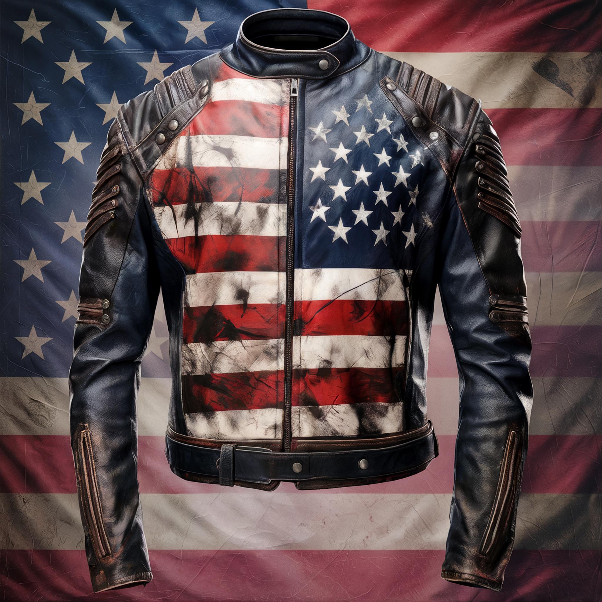 アメリカ国旗刺繍 ブラックレザーライダースジャケット Mens Distressed Inspired by American Flag USA Casual Motorcycle