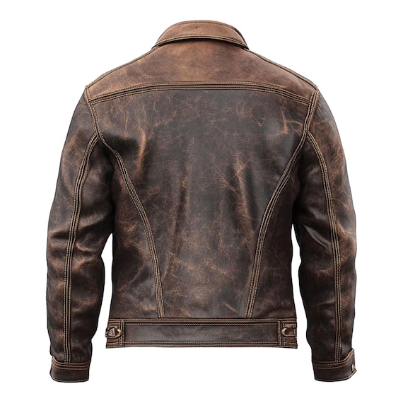 Mens Vintage Leather Trucker Jacket Flaps Slanted Pockets Denim