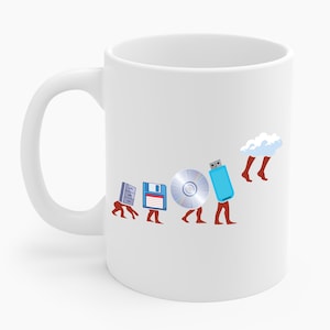 Könnte beinhalten: Weiße Keramiktasse mit einer humorvollen Grafik der Evolution der Datenspeicherung. Die Grafik zeigt eine Reihe von Strichmännchen, die verschiedene Speichermedien tragen, beginnend mit einer Diskette und endend mit einer Wolke.
