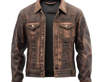 Mens Vintage Leather Trucker Jacket Flaps Slanted Pockets Denim Genuine Leather Jackets For Men