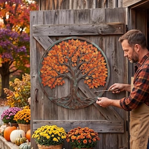 Decorazione murale in metallo con albero autunnale, foglie che cadono, arte da esterno, accento rustico per il portico del raccolto, decorazione per la casa del Ringraziamento, decorazione stagionale per il giardino
