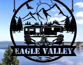 Custom Fifth Wheel Camper RV Metal Sign, Metal Outdoor Camping Sign, Family Camp Sign, Mountain Camping, Campers Gift, Family Name Sign