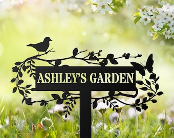 Custom Metal Garden Decor, Bird with Flower Garden Sign, Flower Design, Personalized Garden Sign, Custom Garden Name Sign,Outdoor Yard Decor