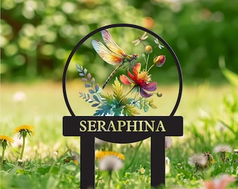 Custom Dragonfly Garden Sign, Metal Dragonfly Garden Stake, Garden Name Sign, Personalized Gardening Sign, Outdoor Yard Garden Decoration