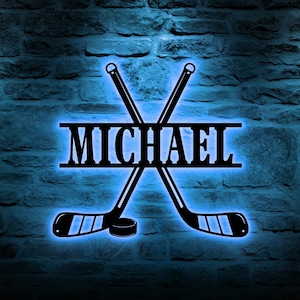 Hockey Metal Wall Art LED Light, Personalized Hockey Player Name Sign, Hockey Wall Decor, Hockey Metal Sign, LED Hockey Stick Metal Wall Art
