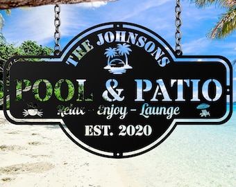 Letrero metálico personalizado para piscina, oasis en el patio, decoración de patio, casa del lago, decoración de pared exterior, letreros de piscina para regalo de exterior.