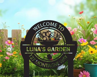 Personalisiertes Gartenschild aus Metall mit Einsätzen, individuelle Gartennamendekoration, Geschenk für Gärtner, Geschenk für den Vatertag, Muttertagsgeschenk