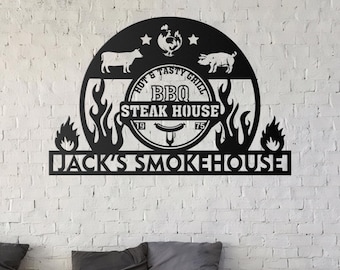 Personalized BBQ Metal Sign, Custom BBQ Name Sign, Smokehouse Metal Sign, Barbecue Metal Sign, Patio Metal Sign, BBQ Decor, Family Gifts
