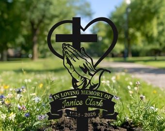 Estaca de metal conmemorativa religiosa, cruz con manos en oración, marcador de simpatía para tumba