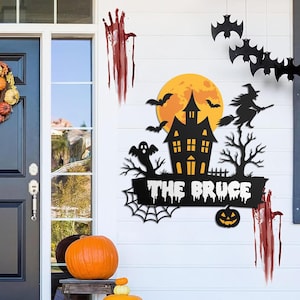 Spookachtige metalen muurkunst Halloween met ledverlichting, metalen bord heksenhuis, Halloween-kunst, decor spookhuis, decor Halloween woonkamer