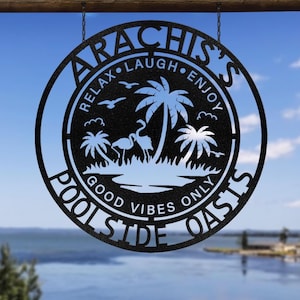 Personalized Family Poolside Metal Sign, palm tree tropical Metal wall Art-Tiki Bar Sign, Backyard Sign Decor, Welcome to The Patio Decor