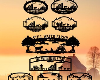 May include: A selection of black metal farm signs, each with a unique design. The signs display farm names like "Mustang Meadows" and "Still Water Farms," with the year "EST. 2025." They feature farm scenes with barns, animals, and tractors.