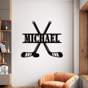 Hockey Metal Wall Art LED Light, Personalized Hockey Player Name Sign, Hockey Wall Decor, Hockey Metal Sign, LED Hockey Stick Metal Wall Art
