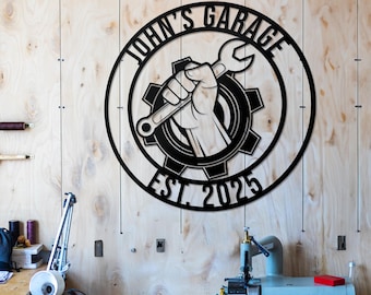 Personalized Metal Garage Sign, Custom Name Plaque, Wall Art, Housewarming Gift, Man Cave, Dad’s Gift, Mechanic Workshop Decor, Garage Decor