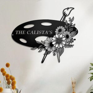 Letrero de metal personalizado para estudio de arte, letrero de artista, letrero con nombre de pintor personalizado, letrero con herramientas de pintor y suministros de arte, decoración de estudio de arte, regalo para amantes del dibujo