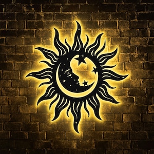 Wacky Sun Decor, Wacky Sun Wall Art with Led Lights, Moon and Stars Outdoor Metal Wall Decor Art, Patio and Garden Decor, Sun Metal Art