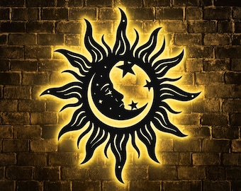 Wacky Sun Decor, Wacky Sun Wall Art with Led Lights, Moon and Stars Outdoor Metal Wall Decor Art, Patio and Garden Decor, Sun Metal Art
