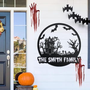 Spookachtig Halloween-bord, metalen muurkunst Halloween met ledverlichting, metalen bord heksenhuis, decor spookhuis, decor Halloween woonkamer