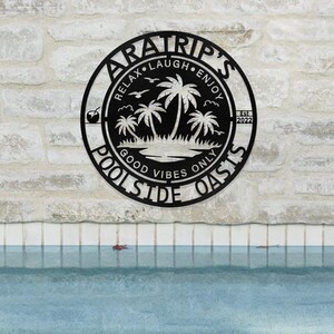 Personalized Family Poolside Metal Sign, palm tree tropical Metal wall Art-Tiki Bar Sign, Backyard Sign Decor, Welcome to The Patio Decor