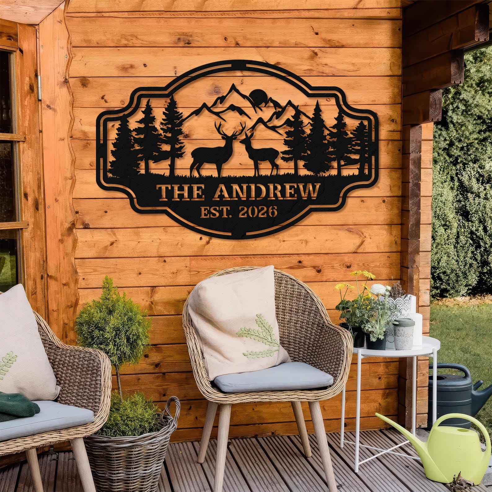 Deer Forest Metal Sign with Family Name, Deer Wildlife Design, Hunting Cabin Outdoor Decor - 24 inches, Black