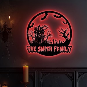 Spookachtig Halloween-bord, metalen muurkunst Halloween met ledverlichting, metalen bord heksenhuis, decor spookhuis, decor Halloween woonkamer
