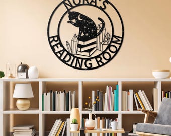 Letrero metálico personalizado para biblioteca, rincón de lectura, libros, sala de lectura, club de lectura, estantería, arte mural metálico con libros