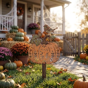 May include: A metal garden stake featuring a cutout pumpkin design with a small bird perched on the stem. The pumpkin is orange with decorative leaf and vine patterns, and the entire piece has a weathered, rustic finish on a brown metal post.