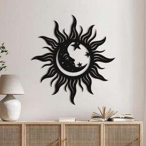 Art mural soleil loufoque avec lumières LED, lune et étoiles Art mural extérieur en métal, décoration de terrasse et de jardin, décoration soleil en métal, décoration soleil loufoque