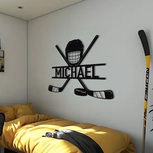 Hockey Metal Wall Art LED Light, Personalized Hockey Player Name Sign, Hockey Wall Decor, Hockey Metal Sign, LED Hockey Stick Metal Wall Art