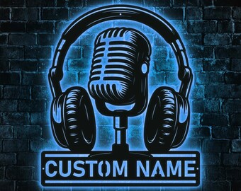 Music Studio Metal Sign, Custom Microphone and Headphones Name Sign, Music Room Decoration