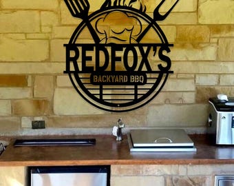 Custom Barbecue Sign, Backyard BBQ Metal Wall Decor, Personalized Grill Sign, BBQ Outdoor Wall Hanging, Outdoor Kitchen Sign, Gift for Dad