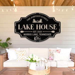 Personalized Lake House Metal Sign, Custom Family Name, LED Lights