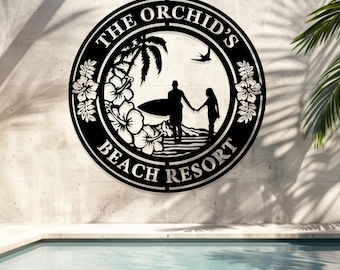 Letrero metálico personalizado de casa de playa con surf, letrero de playa novedoso, letrero metálico de resort de playa de verano, letrero con nombre de surfista personalizado, regalo de surf, regalo para papá