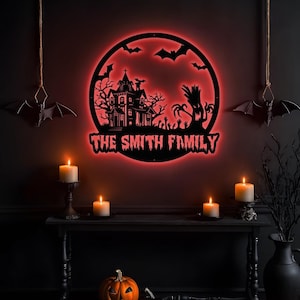Spookachtig Halloween-bord, metalen muurkunst Halloween met ledverlichting, metalen bord heksenhuis, decor spookhuis, decor Halloween woonkamer