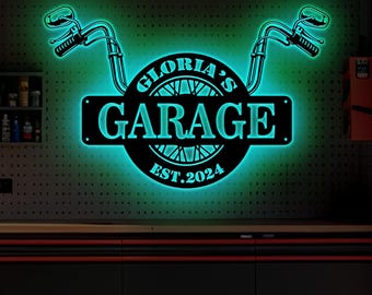 Personalisiertes Motorrad-Garagenschild mit LED-Leuchten, benutzerdefinierte Metallkunst, Metallgarage-Schild, Mannhöhle-Metallkunst, Vatertagsgeschenk, Bikergeschenk