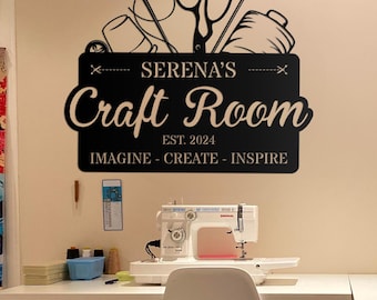 Letrero metálico personalizado para sala de manualidades, letrero para sala de costura, decoración artesanal, arte mural para sala de manualidades, letrero metálico para oficina, decoración del hogar, regalo para mamá