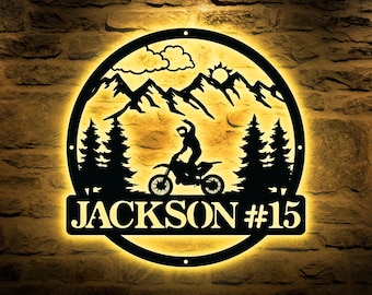 Arte de pared metálico personalizado para motocross, decoración de motocross, letrero metálico con nombre de motociclista, regalo para motociclista, regalo para papá