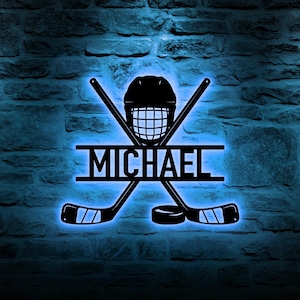 Hockey Metal Wall Art LED Light, Personalized Hockey Player Name Sign, Hockey Wall Decor, Hockey Metal Sign, LED Hockey Stick Metal Wall Art