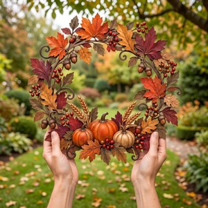 May include: A circular autumn wreath featuring orange, red, and brown maple leaves, clusters of small red berries, brown acorns, and golden wheat stalks. Three pumpkins in shades of orange and tan are positioned at the bottom center of the wreath.