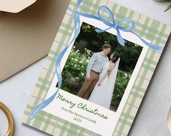 Green Plaid Christmas Photo Card Template: Watercolor Blue Bow (Digital Download)