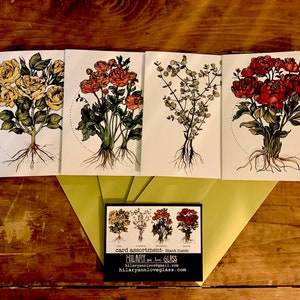 Flower Card Assortment - 4 images size A2 - blank inside - Roses, Peonies, Eucalyptus, Ranunculus