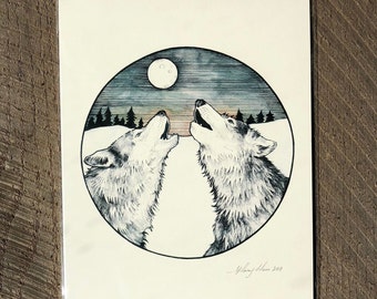 Wolves 8" x 10" Print, Title: "June Moon"