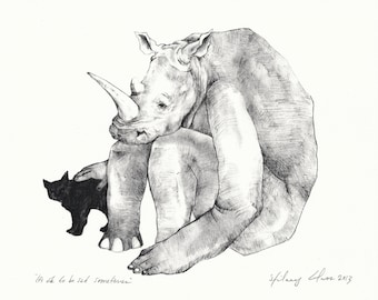 Rhino and Cat 8" x 10" Print,Title: "It's ok to be sad sometimes"