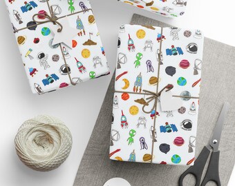 Space Wrapping Paper, Outer Space Gift Wrap, Kids Gift Wrap, Kids Birthday Gift Wrap, Rocket Gift Wrap, Alien Gift Wrap, Space Theme Wrap