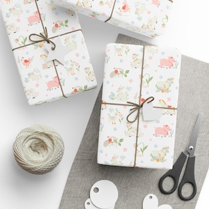 Animal Wrapping Paper, Cute Animal Themed Gift Wrap - Farm Animals, Sheep, Cow, Pig, Chicken, Animal Lover